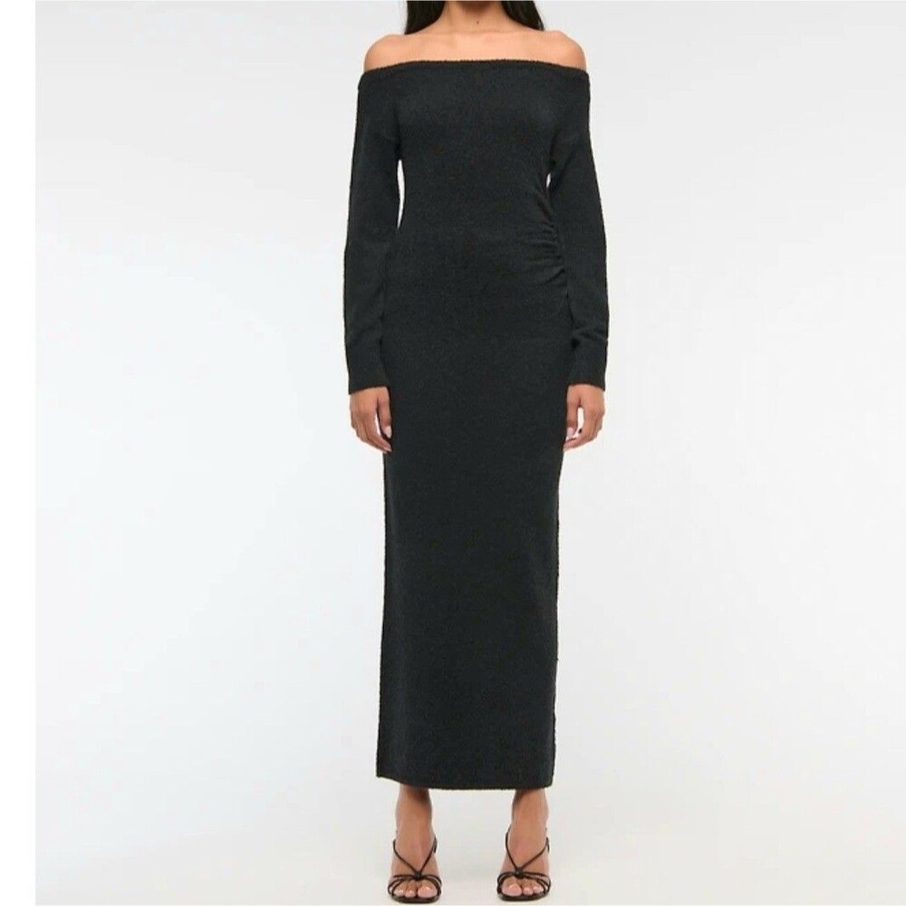 Abercrombie & Fitch Off-The-Shoulder Boucle Maxi Sweater Dress Black Medium NWT